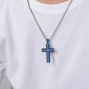 Blue titanium steel cross necklace with woven texture and small center zircon stone