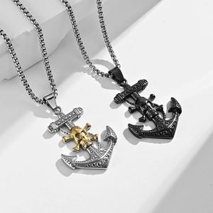 Men's punk pirate anchor necklace with skull pendant in silver gold and black finishes