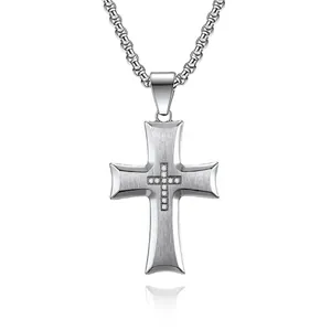Minimalist Stainless Steel Cross Pendant Necklace For Unisex Trendy Brushed Finish Rhinestone Inlaid Box Chain Couple Jewelry Gift