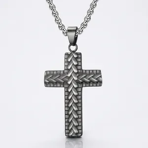 Retro Men Stainless Steel Cross Pendant Necklace Woven Texture Electroplated Punk Religious Jewelry For Men Party Gift