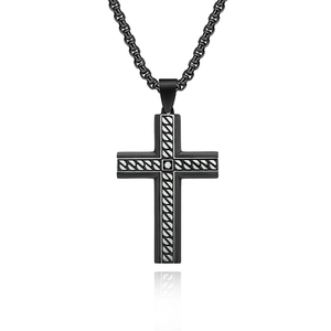 Men's black titanium steel cross pendant necklace with chain texture and center zircon