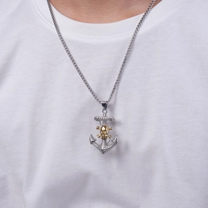 Men's retro anchor pendant necklace with golden skull and silver rope details