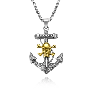 Men's stainless steel anchor necklace with gold skull pendant on white background