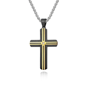 Men's two-tone black and gold stainless steel cross pendant necklace with zircon stone