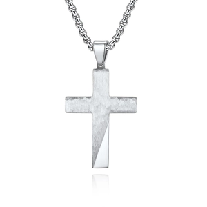Religious stainless steel cross necklace with brushed silver finish and polished beveled edges