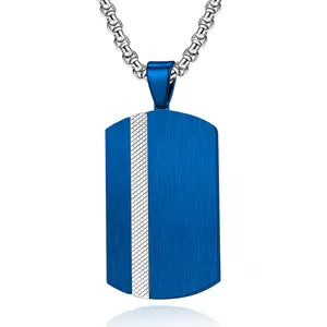 Men Stainless Steel Brushed Grid Pattern Dog Tag Pendant Necklace Electroplated Double Color Geometric Jewelry Gift