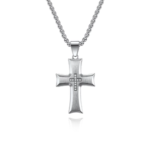 Brushed stainless steel cross pendant necklace with inset stones on polished chain