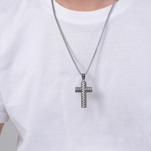 Men's retro stainless steel woven cross pendant necklace on a silver box chain