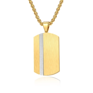 Men's dog tag pendant necklace with golden brushed finish and silver grid inlay