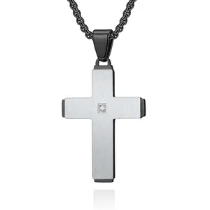 Brushed Stainless Steel Cross Pendant Necklace For Men Gold Silver Black Plated Rhinestone Religious Jewelry With Box Chain