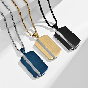 Modern brushed stainless steel military dog tag necklaces in blue, gold, and matte black