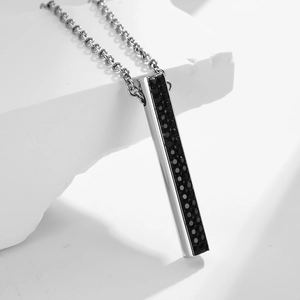Minimalist silver stainless steel cylinder necklace with pave black crystal pendant