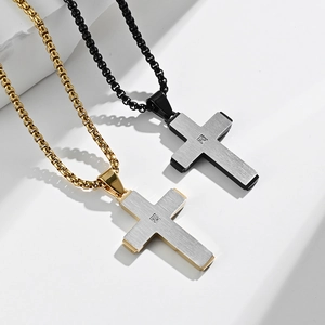 Men's vintage brushed stainless steel cross necklace with a center crystal in two colors