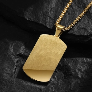 Men's gold rectangle necklace with brushed and mirror finish on a box chain