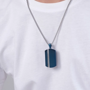 Men's minimalist blue brushed dog tag necklace with silver textured stripe on box chain