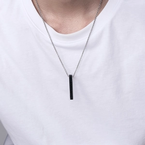 Modern men's silver chain necklace with vertical black micropave crystal bar pendant