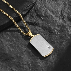 Men's stainless steel dog tag necklace with silver brushed finish and square zircon stone