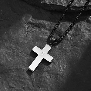 Men's retro brushed stainless steel cross necklace with zircon and black box chain