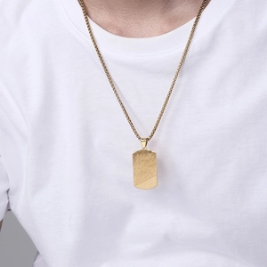 Men's gold stainless steel box chain necklace with brushed and polished rectangular pendant