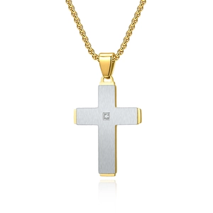 Two-tone brushed stainless steel cross pendant necklace with a small center crystal