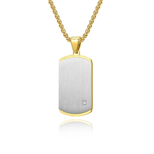 Men's two-tone gold and silver dog tag necklace in stainless steel with a single diamond