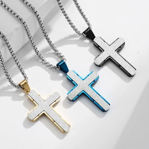 Men's stainless steel cross pendants in gold blue and black with glitter finish inlay
