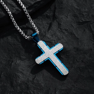 Mens stainless steel cross necklace with navy blue frame and frosted silver texture