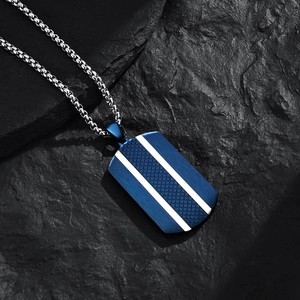 Deep blue checkered dog tag pendant on silver chain over black stone background