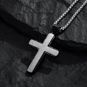 Men's stainless steel cross pendant with silver frosted finish on a box chain necklace