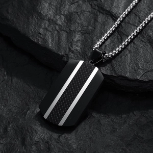 Brushed stainless steel dog tag necklace with black grid pattern and silver bead chain