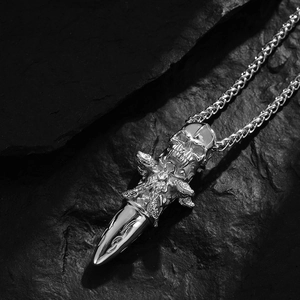 Gothic silver stainless steel skull pendant with dragon relief on vintage snake chain