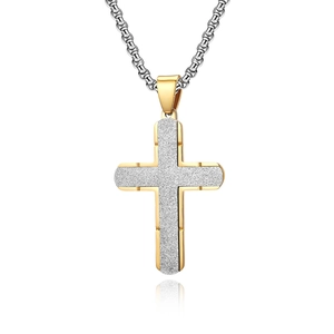 Men's two-tone stainless steel cross pendant necklace with silver frosted finish