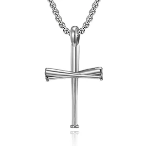 Men Stainless Steel Cross Necklace Baseball Bat Pendant Hip Hop Sporty Style Vintage Silver Gun Black Fashion Jewelry Accessory