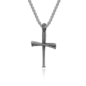 Men's stainless steel necklace with vintage baseball bat cross pendant on box chain