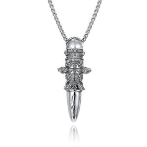 Gothic skull and snake bullet pendant in silver stainless steel with wheat chain