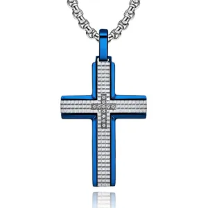Collana con Pendente a Croce da Uomo in Acciaio Inossidabile con Strass Incastonati CNC Motivo a Griglia Gioiello Industriale