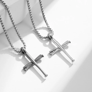 Mens stainless steel cross necklace with crossed baseball bat pendant in two metallic finishes