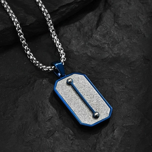 Creative hexagonal stainless steel pendant necklace with blue textured砂 inlay for men