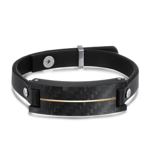 Men Vintage Black Leather Cord Bracelet Titanium Steel Carbon Fiber Texture Polished Multi-stage Adjustable Cuff Jewelry