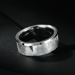 Men's titanium steel ring with brushed texture and triangular grooves in silver