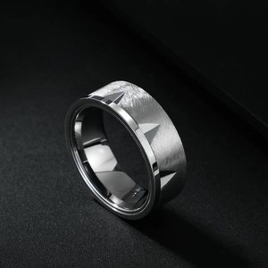 Men's titanium steel ring with brushed silver finish and geometric triangle engravings
