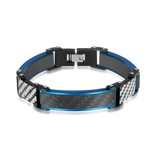 Men's Industrial Stainless Steel Carbon Fiber Link Bracelet Sporty Blue Black Silver Link Chain Bracelet Jewelry Gift