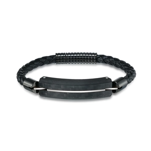 Men's braided black leather bracelet with carbon fiber inlay and stainless steel buckle