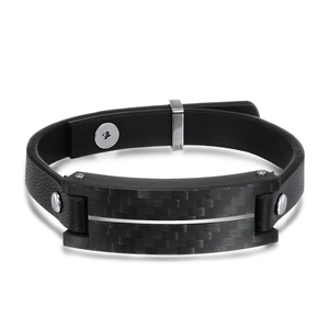 Men's black leather bracelet with carbon fiber texture plate and silver metal buckles