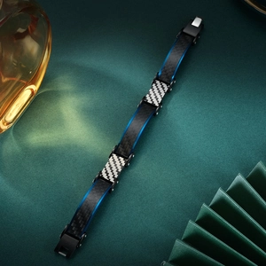 Men's stainless steel carbon fiber bracelet with blue plating on deep green background