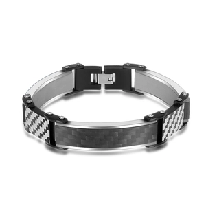 Men's stainless steel bracelet with carbon fiber inlay and industrial rivet design