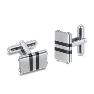 Men's rectangular stainless steel cufflinks with brushed metal and black stripes