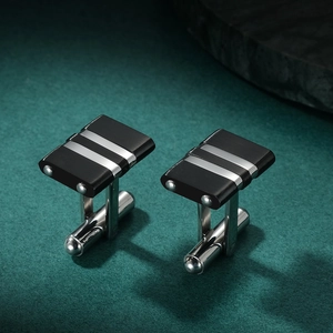 Two-tone rectangular stainless steel cufflinks with black brushed finish and silver bars
