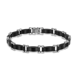 Men's industrial stainless steel bracelet with black matte links and buckle clasp
