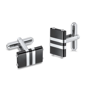 Rectangle black matte and silver striped stainless steel cufflinks for business suits